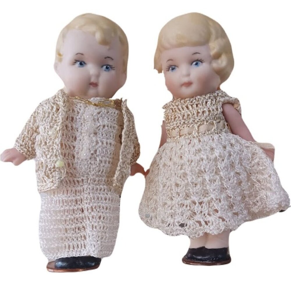 2 Vintage Bisque Jointed Dolls, 3.75", Made in Germany, In Crochet Clothes